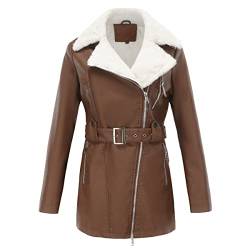 GITVIENAR Damen Wintermantel mit kuscheligem Innenfutter, Langarm Lederjacke mit Stehkragen und Taillengürtel (Kaffee,M) von GITVIENAR