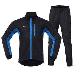 GITVIENAR Fahrrad Trikot Set Winter, Radjacke +Lange Radhose Wasserdicht Winddicht Atmungsaktiv Reflektierend Warm Fleece Fahrradbekleidung Set Radtrikot Herren Damen (Blau, L) von GITVIENAR