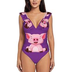 GIULIZ Einteiliger Badeanzug für Damen, rosa Schwein, bedruckt, V-Ausschnitt, Rüschen-Bademode, Schwarz , XL von GIULIZ