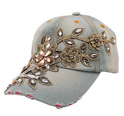 GIVBRO Baseballkappe Damen Denim Hut Stickerei Blume Strass Sonnenblende Hut Verstellbar Sport Casual Cap von GIVBRO