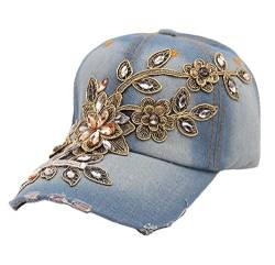 GIVBRO Baseballkappe Damen Denim Hut Stickerei Blume Strass Sonnenblende Hut Verstellbar Sport Casual Cap von GIVBRO