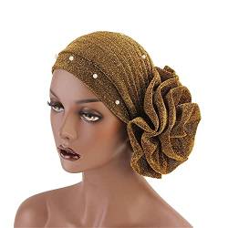 GIVBRO Floral Turban Caps Perlen Kopfbedeckung Nightcap Wrap Haarkappe Haarausfall Hut für Frauen Chemo Kopftuch Muslim Hut Golden von GIVBRO