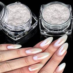 2 Schachteln Weiße Perle Chrom Nagelpuder - Transparent Aurora Ice Shimmer Chrome Pigment Pulver für Nägel, Glazed Donut Glitzerpuder Nails Spiegeleffekt-Glitter Nagelkunst-Pulver für DIY-Salon von GJNL