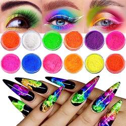 Neon Phosphor Pigment Pulver für Nägel Lidschatten - 12 Colors Neon Nagel Glitzer Augenpulver Maniküre Halloween Neon Make-up Dekoration Nail Art Staub Pigment von GJNL