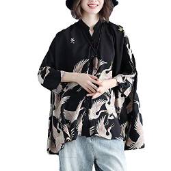 GK-O Damen-Bluse im japanischen Stil, Kranichdruck, langärmelig, Chiffon, lockere Passform - Schwarz - Groß von GK-O
