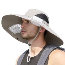 Solar-Fan-Hut mit breiter Krempe für Männer und Frauen, Sonnenhut mit 2 Solar-Fan-Angelhüten, UV-Schutz, Eimerhüte zum Angeln, Wandern, Camping, USB-Aufladung,Grau,One Size von GL SUIT
