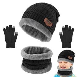 GLAITC Kinder Wintermütze, Beanie Mütze Schal und Handschuhe Set Verdicken Fleece Thermisch Strickmütze Winterschal Thermo Handschuhe Geschenk für Jungen, Mädchen, Teenager, 7-14 Jahre von GLAITC