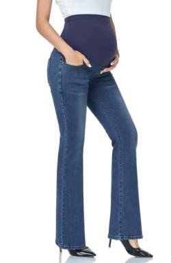 GLAMIX Damen Bequeme Schwangerschaft Bootcut Jeans mit Taschen über dem Bauch Stretchy Flare Demin Pants, Navy Blue, Groß von GLAMIX