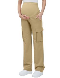 GLAMIX Damen Mutterschaft Cargo Hose mit vier Taschen über dem Bauch Scrub Hosen Schwangerschaft Kleidung, Khaki, X-Groß von GLAMIX