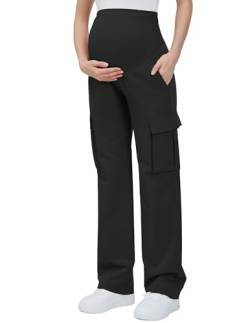 GLAMIX Damen Mutterschaft Cargo Hose mit vier Taschen über dem Bauch Scrub Hosen Schwangerschaft Kleidung, Schwarz, S von GLAMIX