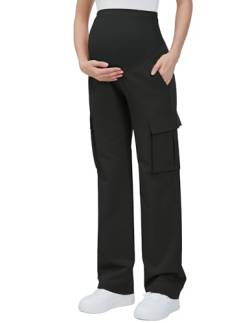 GLAMIX Damen Mutterschaft Cargo Hose mit vier Taschen über dem Bauch Scrub Hosen Schwangerschaft Kleidung, Schwarz, X-Groß von GLAMIX