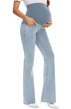 GLAMIX Damen Stretch Mutterschaft Bootcut Jeans mit Taschen über dem Bauch Bell Bottoms Flare Denim Hosen Schwangerschaft Kleidung, Hell, blau, Groß von GLAMIX