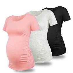 GLAMIX Schwangerschafts-Shirts für Damen, kurzärmelig, Sommerkleidung, 3 Packungen, Baumwoll-T-Shirt, Mama-Basics, Schwangerschafts-T-Shirt, 3 Stück, O-Neck Schwarz + Grau + Blassrosa, Groß von GLAMIX