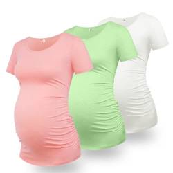 GLAMIX Schwangerschafts-Shirts für Damen, kurzärmelig, Sommerkleidung, 3 Packungen, Baumwoll-T-Shirt, Mama-Basics, Schwangerschafts-T-Shirt, 3 Stück, Rundhalsausschnitt, salbeigrün und rosa, Groß von GLAMIX