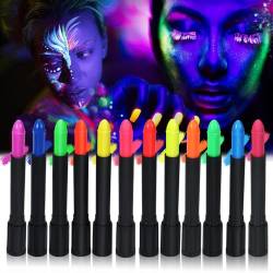 GLEEMEN UV Bodypainting, 12 Farben Neon UV Kinderschminke Set, Waschbar Schminkstifte Schminkfarben, Face Paint mit 4 Aufkleber, Körperfarbe Kinder UV Buntstifte für Halloween Karneval Fasching von GLEEMEN