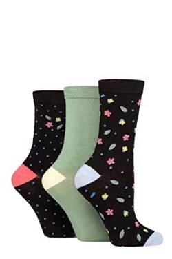 GLENMUIR Damen Gemustert Bambus Socken Packung 3 Blumen Schwarz 37-42 von GLENMUIR