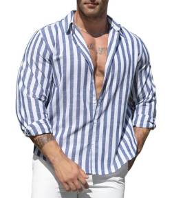 GLESTORE Leinenhemd Herren Hemden Gestreiftes Langarm Freizeithemd Shirt Herren Longsleeve Sommerhemd Shirts Leinen Hemd Regular Fit Button Tops Himmelblau Weiß XL von GLESTORE