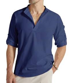 GLESTORE Leinenhemd Herren Langarm Shirt Herren Freizeithemd Sommerhemd Henley Herren Leinen Hemd Shirt Marineblau L von GLESTORE