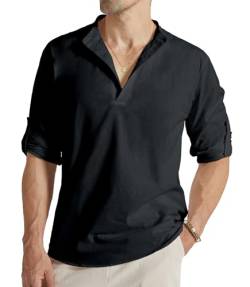 GLESTORE Leinenhemd Herren Langarm Shirt Herren Freizeithemd Sommerhemd Henley Herren Leinen Hemd Shirt Schwarze L von GLESTORE