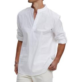 GLESTORE Leinenhemd Herren Langarm Shirt Herren Freizeithemd Sommerhemd Henley Herren Leinen Hemd Shirt Weiß L von GLESTORE