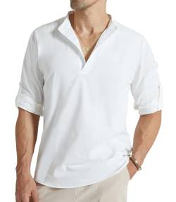 GLESTORE Leinenhemd Herren Langarm Shirt Herren Freizeithemd Sommerhemd Henley Herren Leinen Hemd Shirt Weiß M von GLESTORE