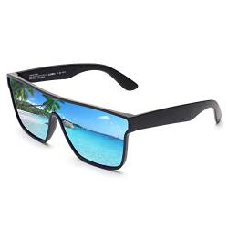 GLINDAR Polarisierte Recycelte Sonnenbrille für Männer Frauen, Retro Square Flat Top Shades UV400 Schutz Schwarz/Spiegelblau von GLINDAR