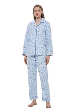 GLOBAL 100% Baumwolle Damen Pyjama Set Floral Langarm Button Down Lady Nachtwäsche Kordelzug Nachtwäsche Atmungsaktiv Weiche Flannel Damen Pjs Set S-XXL von GLOBAL