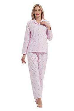 GLOBAL 100% Baumwolle Damen Pyjama Set Floral Langarm Button Down Lady Nachtwäsche Kordelzug Nachtwäsche Atmungsaktiv Weiche Flannel Damen Pjs Set S-XXL von GLOBAL