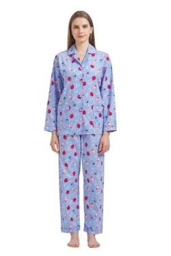 GLOBAL Damen Pyjamaset Baumwolle Schlafanzug Damen Lang Damen Zweiteiliger Nachtwäsche Komfortabel,Blau,Erdbeere,3XL von GLOBAL