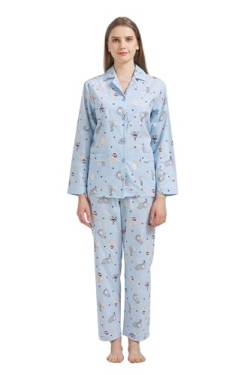 GLOBAL Damen Pyjamaset Baumwolle Schlafanzug Damen Lang Damen Zweiteiliger Nachtwäsche Komfortabel,Blau,Kätzchen,L von GLOBAL