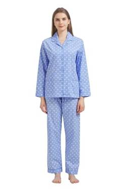 GLOBAL Damen Pyjamaset Baumwolle Schlafanzug Damen Lang Damen Zweiteiliger Nachtwäsche Komfortabel,Blau mit weißen Punkten,S von GLOBAL