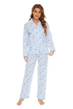 GLOBAL Damen Pyjamaset Baumwolle Schlafanzug Damen Lang Damen Zweiteiliger Nachtwäsche Komfortabel,Blaue Blume,L von GLOBAL
