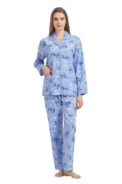 GLOBAL Damen Pyjamaset Baumwolle Schlafanzug Damen Lang Damen Zweiteiliger Nachtwäsche Komfortabel,Blaue Blume Weißer Hirsch,XL von GLOBAL