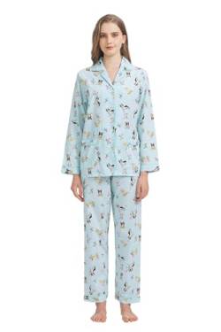 GLOBAL Damen Pyjamaset Baumwolle Schlafanzug Damen Lang Damen Zweiteiliger Nachtwäsche Komfortabel,Grün,Welpe,XL von GLOBAL