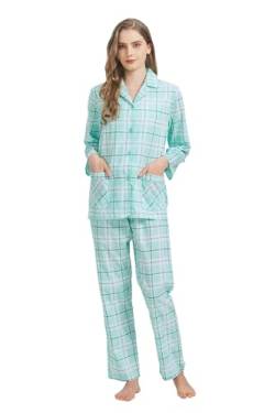 GLOBAL Damen Pyjamaset Baumwolle Schlafanzug Damen Lang Damen Zweiteiliger Nachtwäsche Komfortabel,Grüner Tartan,M von GLOBAL