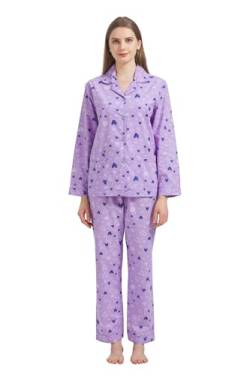 GLOBAL Damen Pyjamaset Baumwolle Schlafanzug Damen Lang Damen Zweiteiliger Nachtwäsche Komfortabel,Lila,Herz,L von GLOBAL
