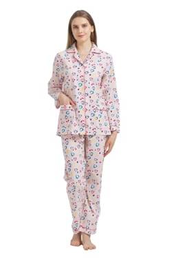 GLOBAL Damen Pyjamaset Baumwolle Schlafanzug Damen Lang Damen Zweiteiliger Nachtwäsche Komfortabel,Orange,Herz,L von GLOBAL