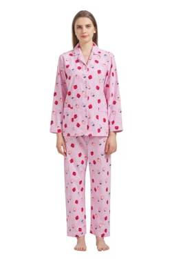 GLOBAL Damen Pyjamaset Baumwolle Schlafanzug Damen Lang Damen Zweiteiliger Nachtwäsche Komfortabel,Rosa,Erdbeere,M von GLOBAL