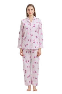 GLOBAL Damen Pyjamaset Baumwolle Schlafanzug Damen Lang Damen Zweiteiliger Nachtwäsche Komfortabel,Rosa Blume Weißer Hirsch,XL von GLOBAL