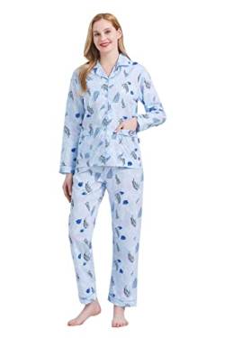 GLOBAL Damen Pyjamaset Baumwolle Schlafanzug Damen Lang Damen Zweiteiliger Nachtwäsche Komfortabel Blaue Blätter S von GLOBAL