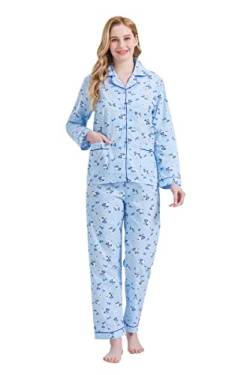 GLOBAL Damen Pyjamaset Baumwolle Schlafanzug Damen Lang Damen Zweiteiliger Nachtwäsche Komfortabel Blaue Blume L von GLOBAL