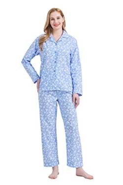 GLOBAL Damen Pyjamaset Baumwolle Schlafanzug Damen Lang Damen Zweiteiliger Nachtwäsche Komfortabel Blaue Blume L von GLOBAL