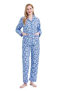 GLOBAL Damen Pyjamaset Baumwolle Schlafanzug Damen Lang Damen Zweiteiliger Nachtwäsche Komfortabel Blauer Paisley XL von GLOBAL