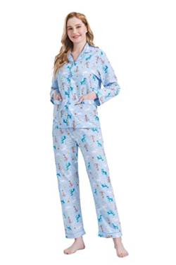 GLOBAL Damen Pyjamaset Baumwolle Schlafanzug Damen Lang Damen Zweiteiliger Nachtwäsche Komfortabel Blauer süßer L von GLOBAL