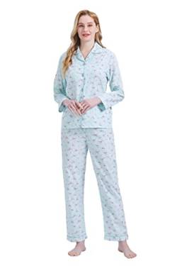 GLOBAL Damen Pyjamaset Baumwolle Schlafanzug Damen Lang Damen Zweiteiliger Nachtwäsche Komfortabel Grüne Blume M von GLOBAL