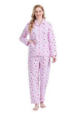 GLOBAL Damen Pyjamaset Baumwolle Schlafanzug Damen Lang Damen Zweiteiliger Nachtwäsche Komfortabel Rosa Blume L von GLOBAL