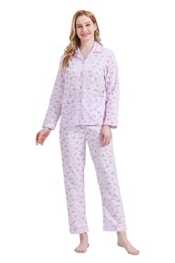 GLOBAL Damen Pyjamaset Baumwolle Schlafanzug Damen Lang Damen Zweiteiliger Nachtwäsche Komfortabel Rosa Blume L von GLOBAL