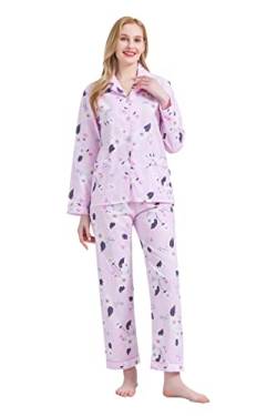 GLOBAL Damen Pyjamaset Baumwolle Schlafanzug Damen Lang Damen Zweiteiliger Nachtwäsche Komfortabel Rosa Blume M von GLOBAL