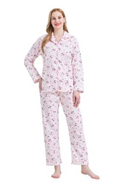 GLOBAL Damen Pyjamaset Baumwolle Schlafanzug Damen Lang Damen Zweiteiliger Nachtwäsche Komfortabel Rosa Blume XL von GLOBAL