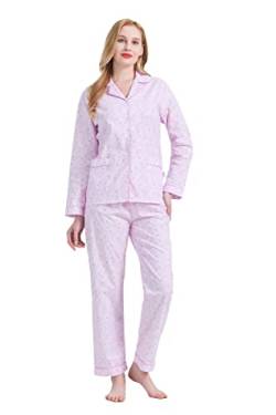 GLOBAL Damen Pyjamaset Baumwolle Schlafanzug Damen Lang Damen Zweiteiliger Nachtwäsche Komfortabel Rosa Blume XXL von GLOBAL